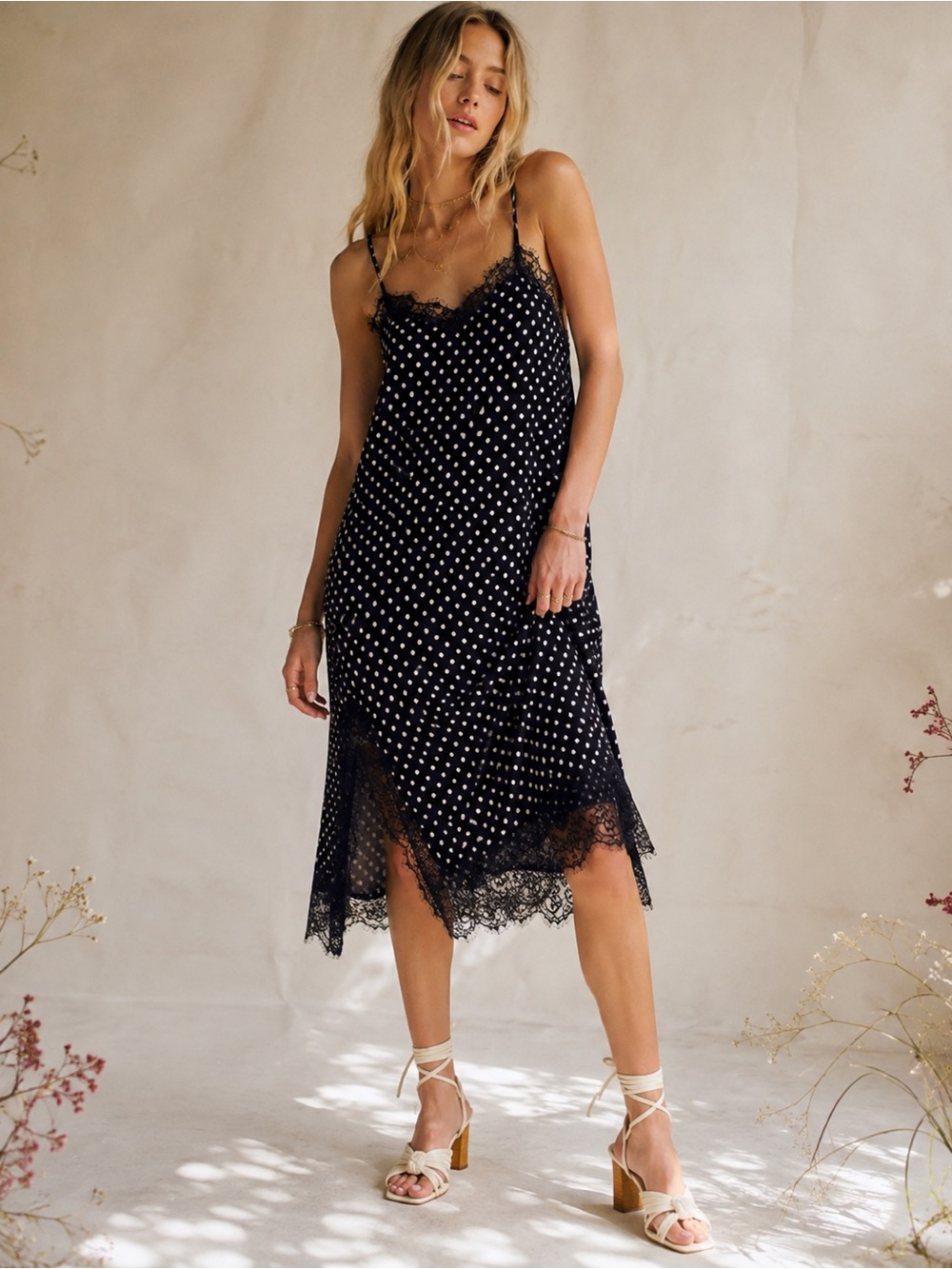 Free People Margot Black Polka Dot Lace Pleated Slip Dress Size 2